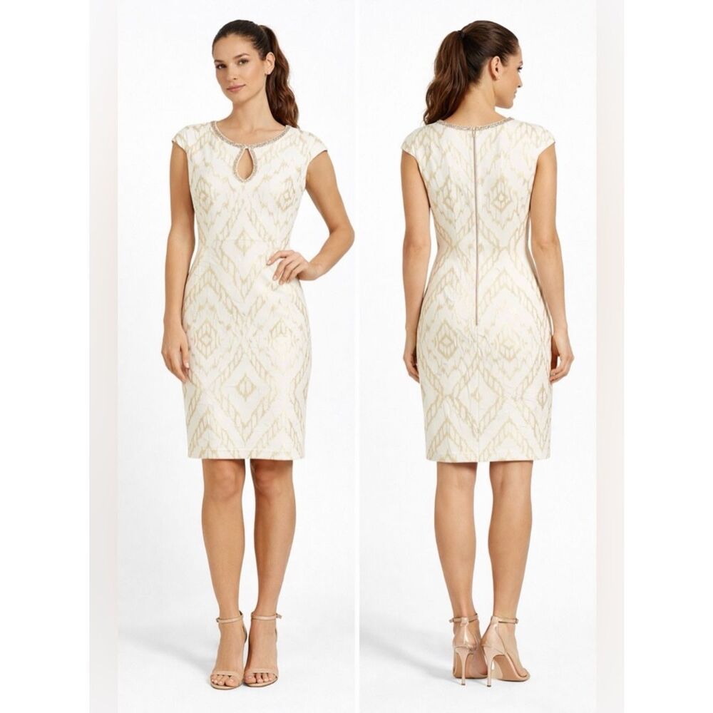 Sangria White and Gold Metallic Cap Sleeve Rhinestone Shift Dress